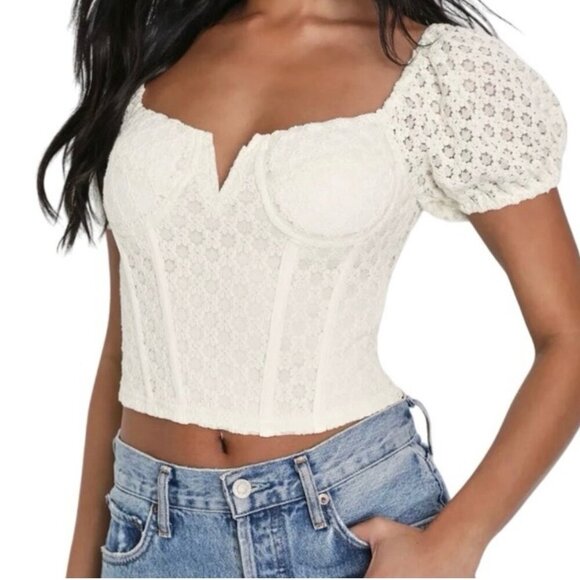 Lulus Tops - Lulus Womens Romantic Darling Lace Puff Sleeve Corset Top For Women Cream Size L